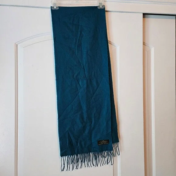 100% Cashmere Scarf Hand Tailored Fringe Solid Blue Aqua Made in Germany Soft - Picture 3 of 9